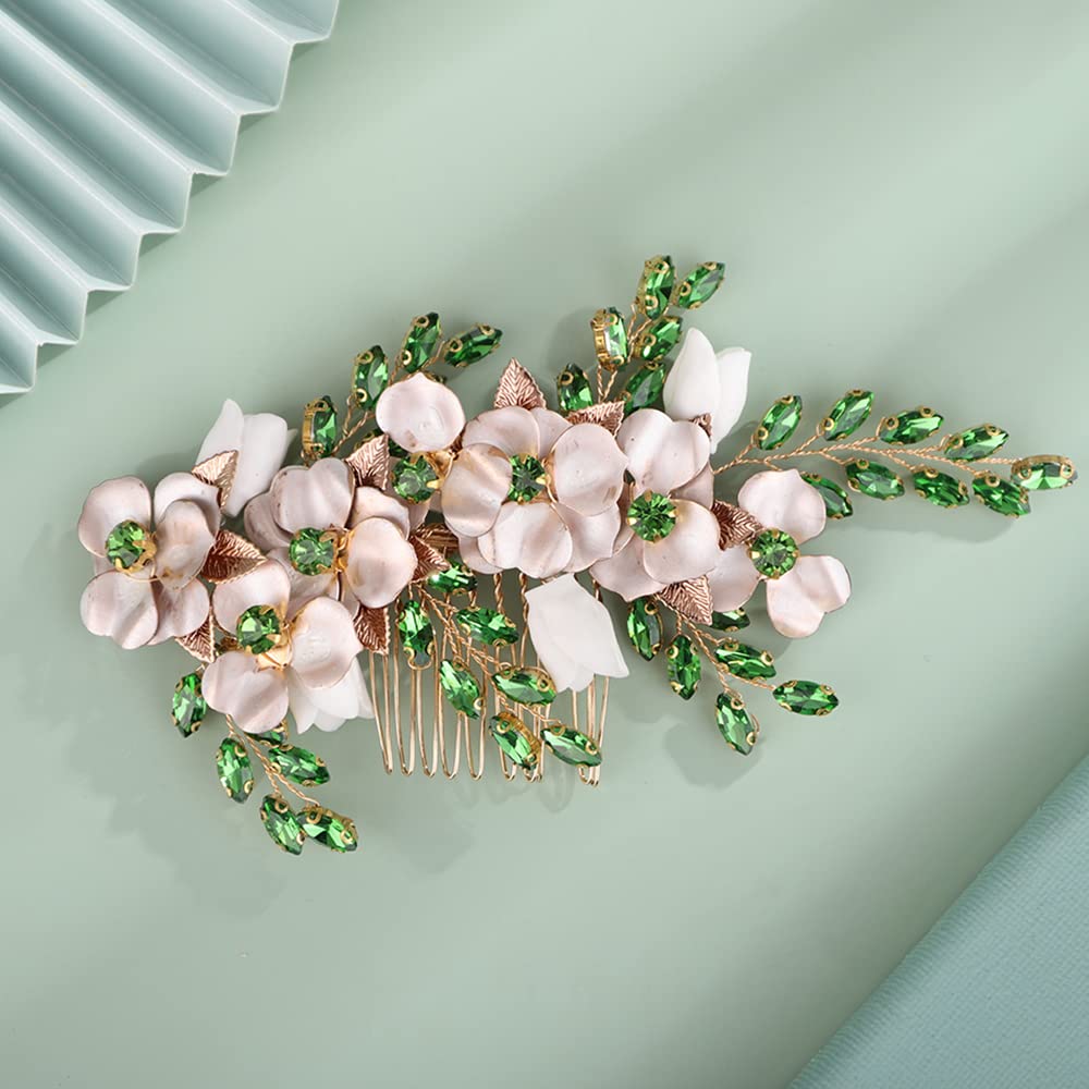 Kercisbeauty Emerald Green Crytal Hair Comb Gold Flower Beaded Hair Piece for Wedding Brides Bridesmaid Girls Prom Hair Accessories(Green)