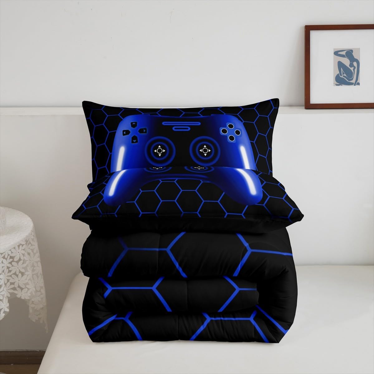 Erosebridal Gaming Bedding Sets for Boys Navy Blue Gamer Comforter Sets for Boys Teen Kids,Cool Video Game Black Honeycomb Bedding Comforter Sets,Geometric Checkered Blue Ombre Bed Set Queen Size