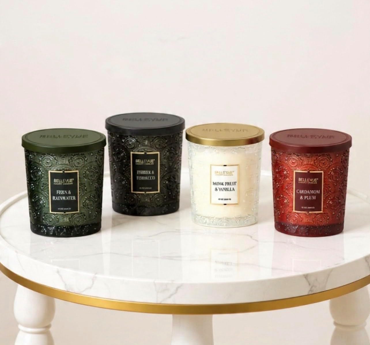 Bellevue Luxury Candles Embossed Glass 12 oz Pack 4