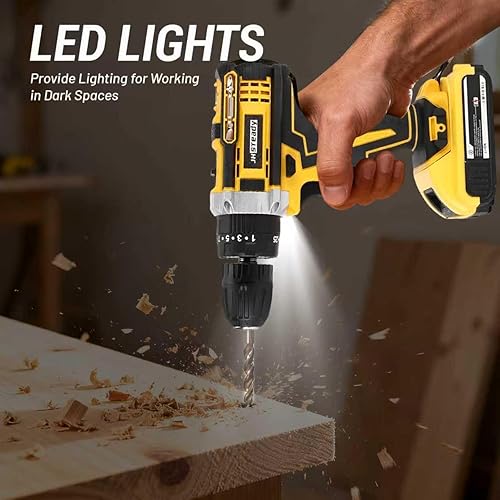 Miniatura 4 de Taladro inalámbrico - 25+3 torque, motor sin escobillas, taladro eléctrico de 1500 RPM con 2 baterías, luz LED, juego completo de taladro y estuche