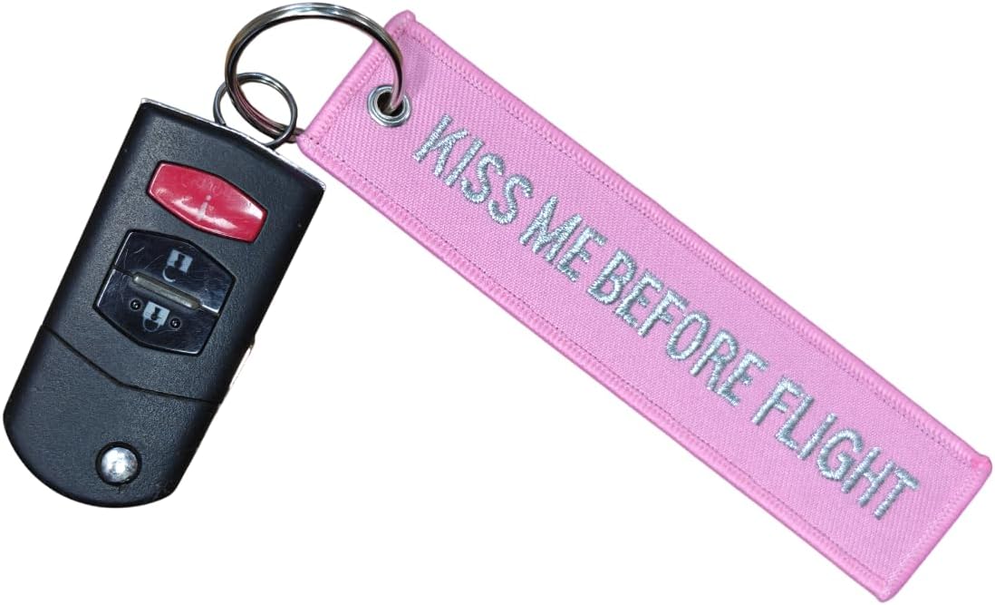 Kiss Me Before Flight Keychain, Blue Aviation Tag with Grey Embroidery, Double-Sided Pilot Flight Key Ring