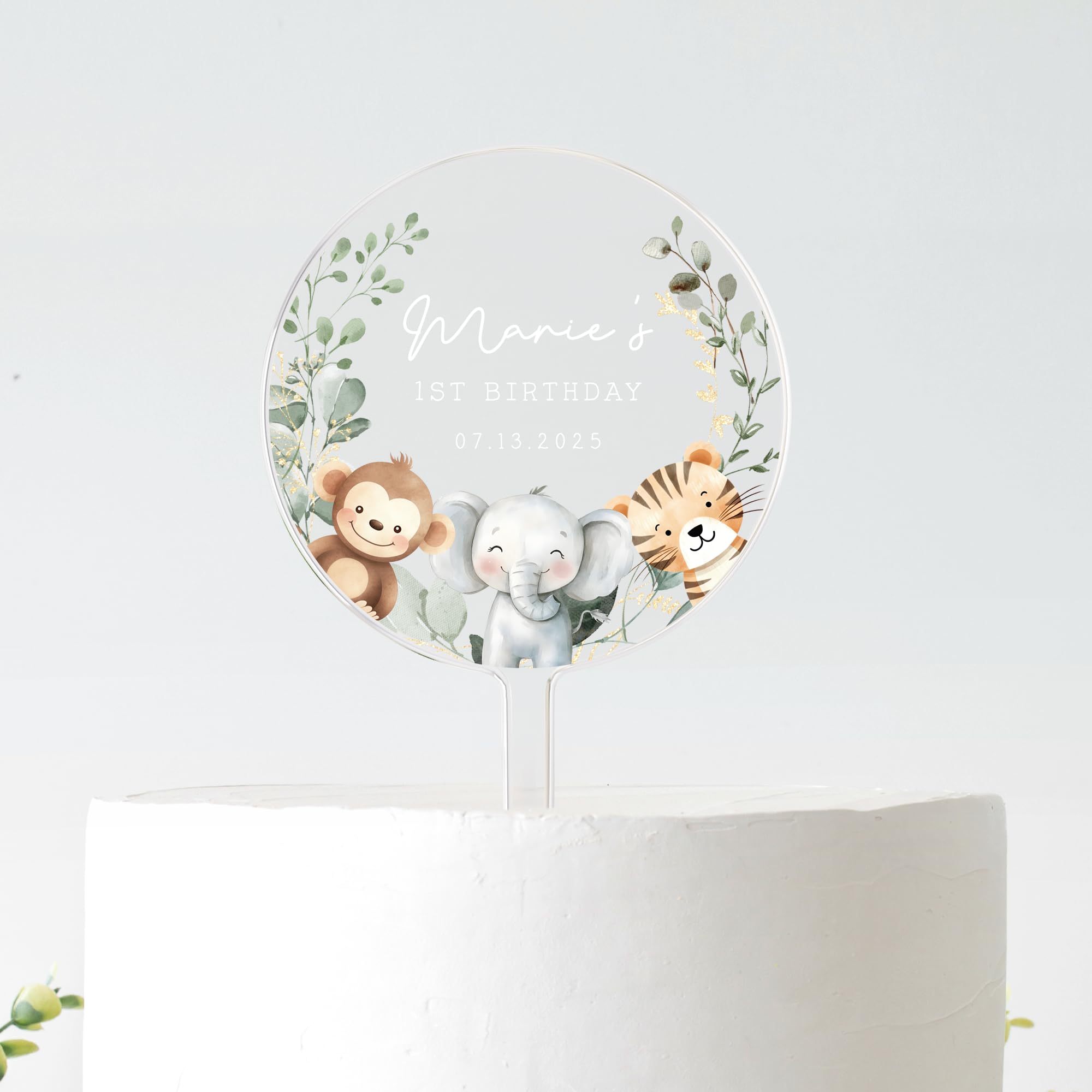 Personalised Safari Animal Cake Topper | 1st Birthday Jungle Theme | Custom Name & Date | Frosted Acrylic | 10cm or 12cm (White Text, 12CM)