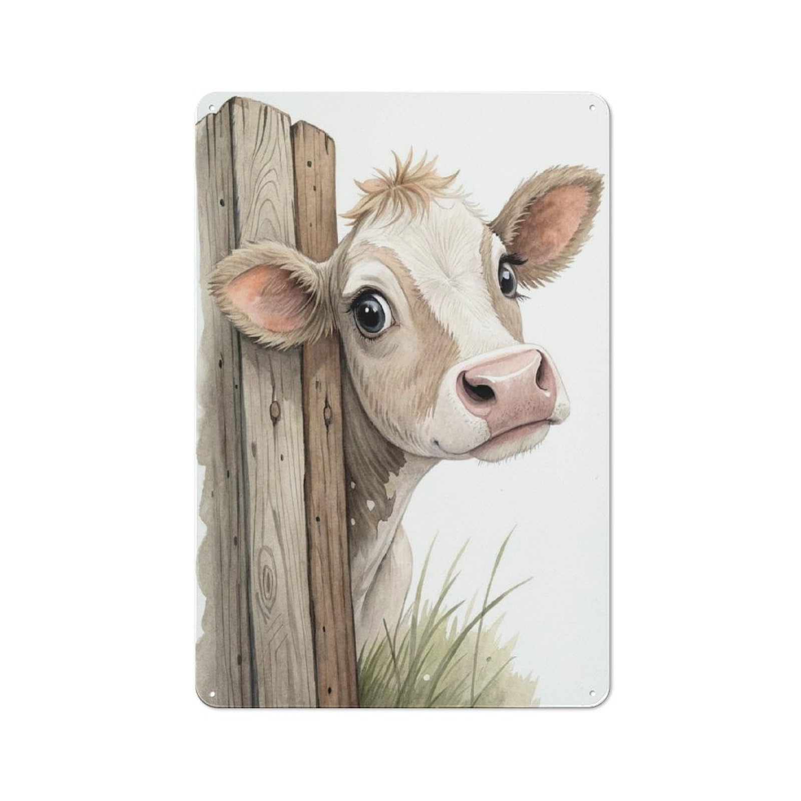 Junmoney Style-16 Cute Cow Peeking Behind Fence Retro Metal Sign 30X20cm For Dining Room Or Kitchen, Suited To Dining Room Decor Fans