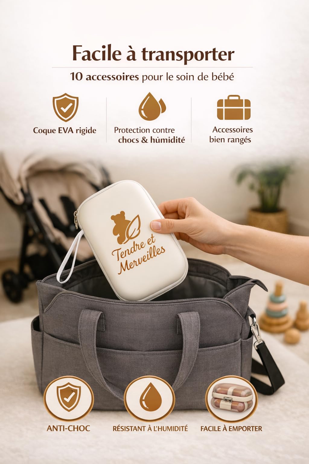 Trousse de Soin Bébé - Kit Complet 10 Accessoires Sans BPA - Brosse en Bois Douce, Coupe-Ongles, Ciseaux - Cadeau de Naissance Pratique et Indispensable