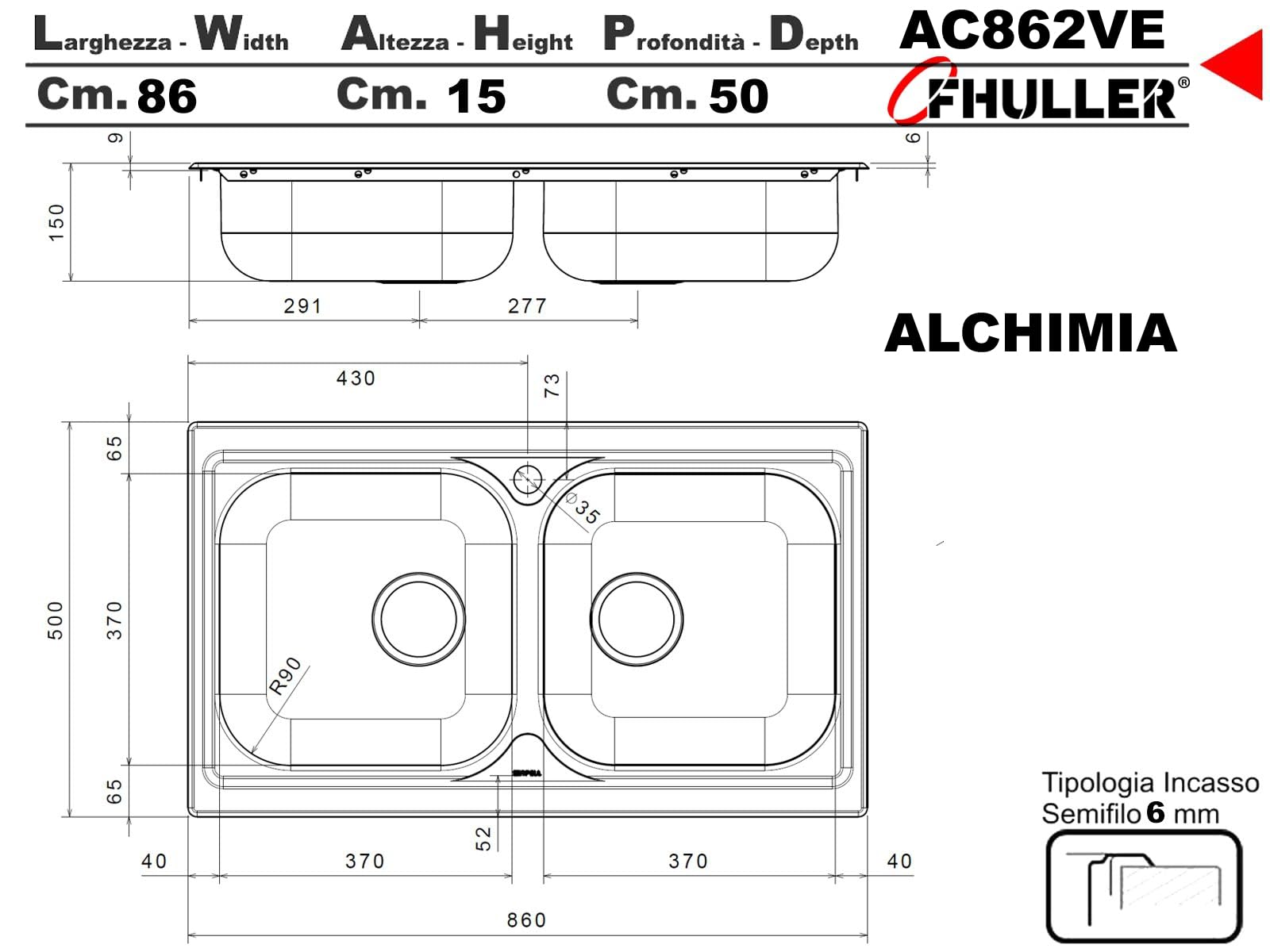 AC862PVE ● Lavello Incasso Cucina FHULLER Modello ALCHIMIA 86X50 2 Vasche Spessore 5/10 con Vasche STAMPATE Profonde 15 cm. Ralizzato in Acciaio Inox Prelucidato Made in Italy