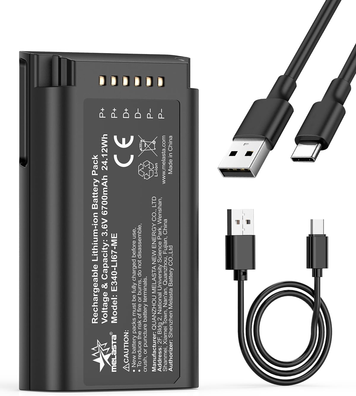 6700mAh Replacement Battery for Eufy E340 Doorbell – Type-C | Rechargeable 3.6V 24.12Wh battery pack. Equipped with USB-C charging port. Compatible with Eufy Video Doorbell E340.