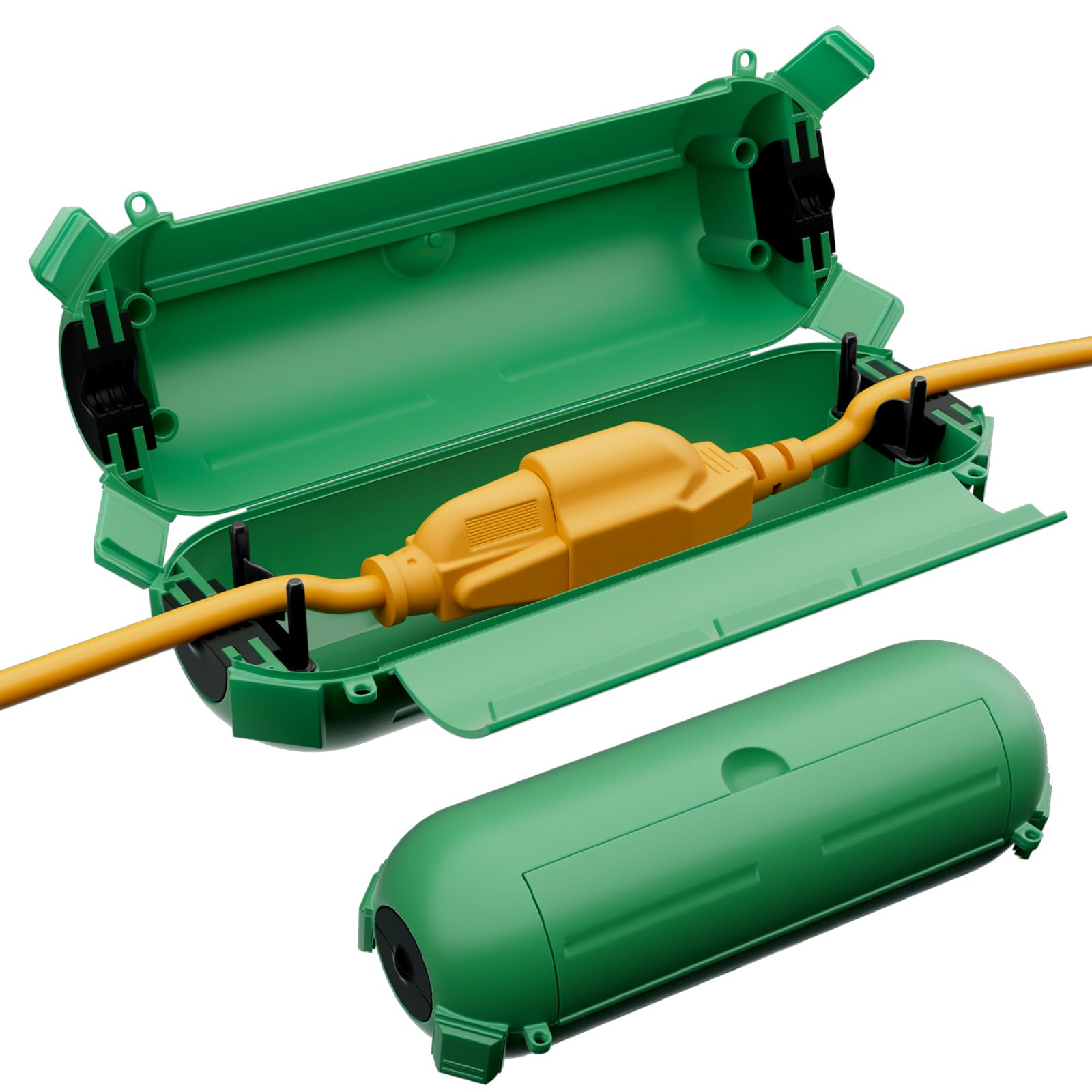 Restmo 2 Pack Mini IP44 Waterproof Outdoor Connection Box with Lockable Latches and Mounting Holes, Weatherproof Extension Cord Safety Cover for Outdoor Plugs, Lights, Cables, Wires, Size Small, Green