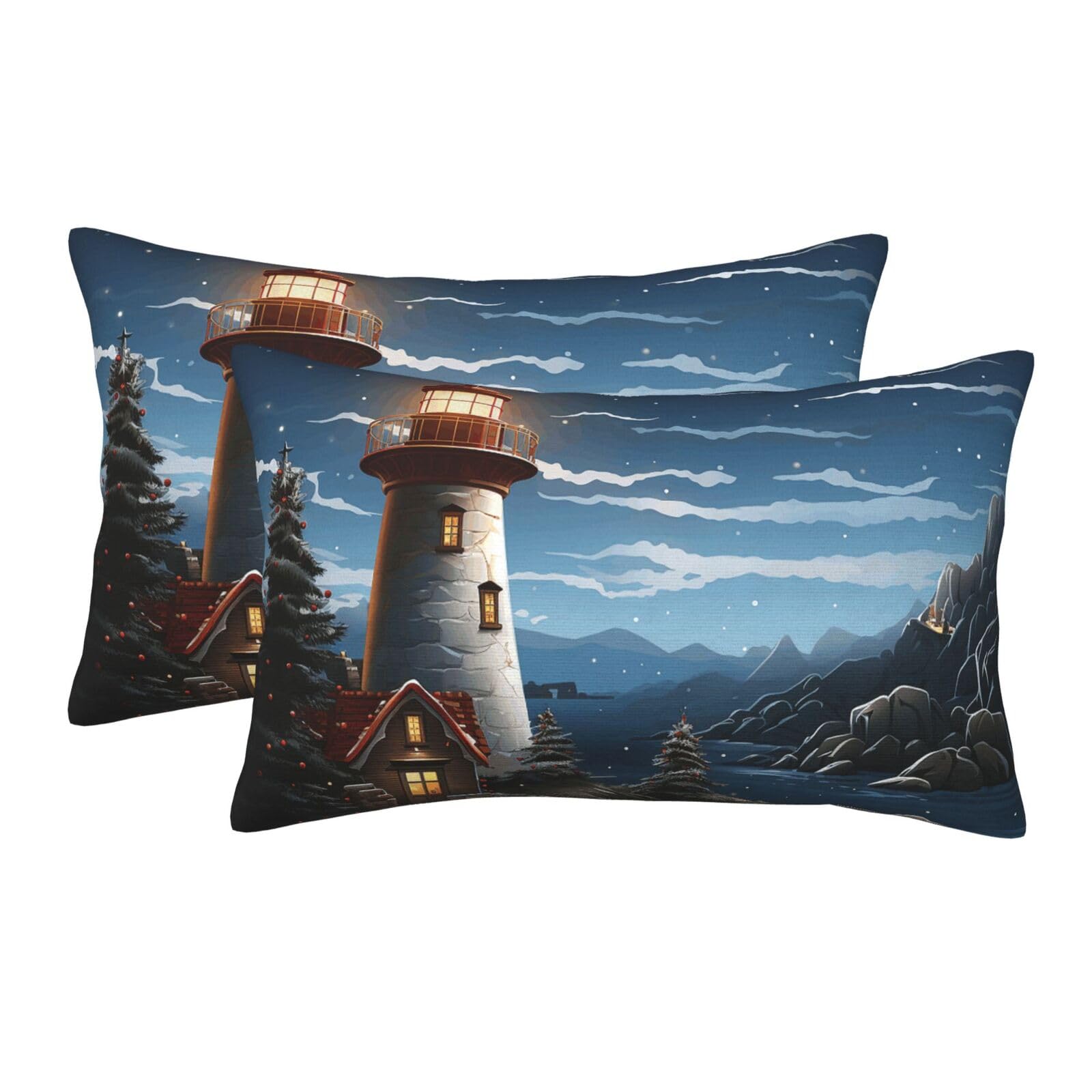 2 Pack Pillow Cases with Hidden Zipper, Soft Breathable Pillow Covers for Hair and Skin, Santa Claus Lighthouse Pillowcases 14"x20" Bed Pillow Protectors Cover for Sleeping Gifts