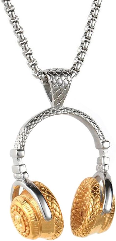 PAURO Men's Music Headset DJ Headphone Pendant Necklace, Gold/Black/Silver