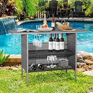 Tangkula Outdoor Wicker Bar Table, Patiojoy All Weather Patio Bar Height Table with 2 Metal Mesh Shelves & 2-Rail Steel Stemware Racks, Rattan Bar Counter Table for Backyard, Poolside (Mix Grey) Tangkula Outdoor Wicker Bar Table Patiojoy All Weather Patio Bar Height Table with 2 Metal Mesh Shelves 2 Rail Steel Stemware Racks Rattan Bar Counter Table for Backyard Poolside Mix Grey