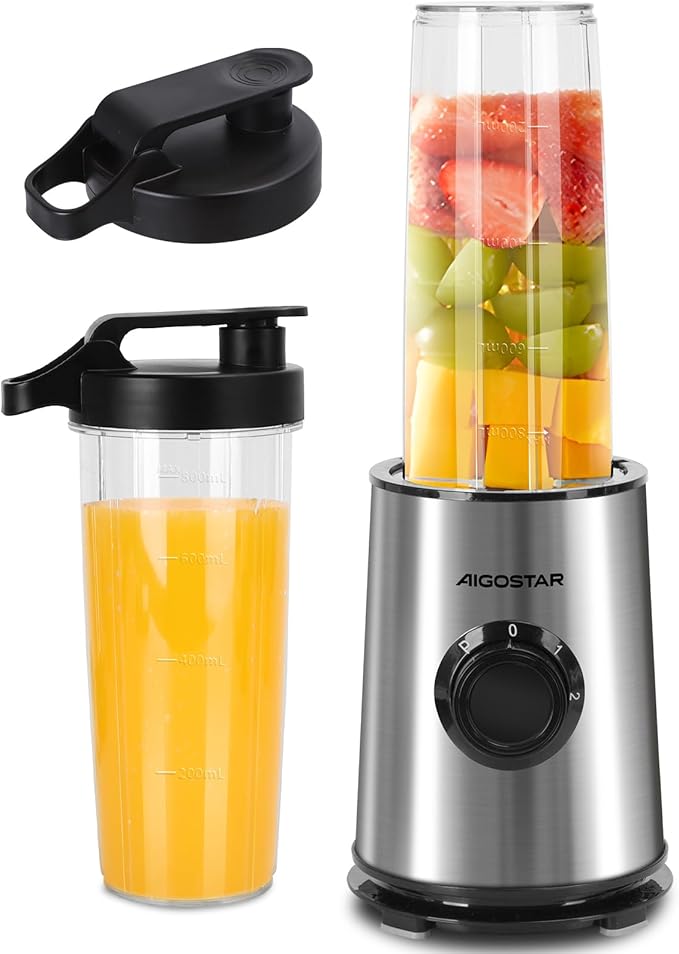 Aigostar Batidora de vaso con dos vasos portátiles de 800ml, 600W potencia. Batidora con vasos de Tritán, libres de BPA, con diseño de acero inoxidable. Perfecta para zumos, batidos y smoothies.