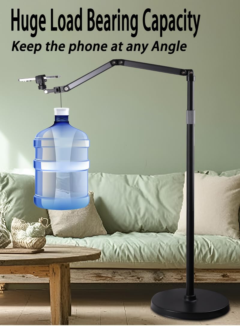 Soporte de suelo para teléfono móvil para grabación, soporte alto ajustable con brazo de extensión ultra largo, giro de 360°, compatible con iPhone, Samsung y más