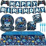 Video Game Birthday Decorations, Level Up Party Supplies Includes Plates, Napkins, Forks, Banner, Tablecloth for Boys Gamer Birthday Party Decorations, Serves 24
