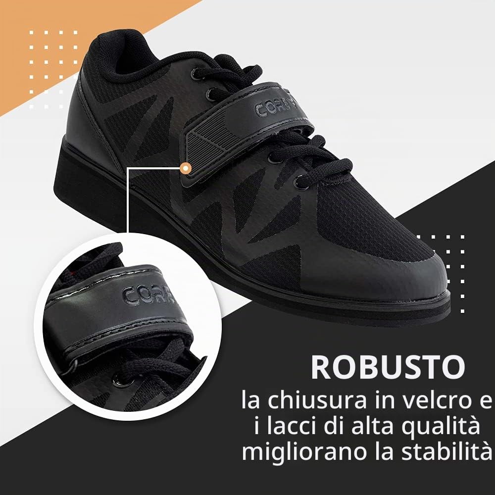 CORE Scarpe Sollevamento Pesi, Scarpe per Squat e Esercizi con Pesi Palestra, Calzature Olimpiche Powerlifting con Cinturino, Crossfit, Tacco 3,2cm