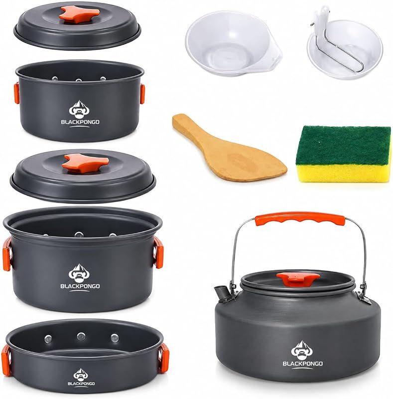 Camping Cookware Set, 15-Piece Camping Pots and Pans Set with Kettle, Frying Pan, Bowls & Plates, Lightweight Backpacking Mess Kit for Camping, Hiking, Picnic, RV Travel
