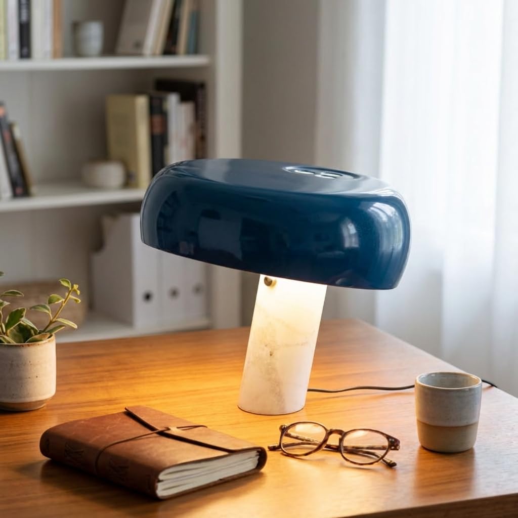 BARCELONA LED Lámpara de Mesa Moderna Azul con Base de Mármol Blanco, Diseño Clásico y Lujoso para Escritorio, Mesita de Noche o Sala, Estilo Retro y Elegante Pequeña Luz Directa E27, 40cm