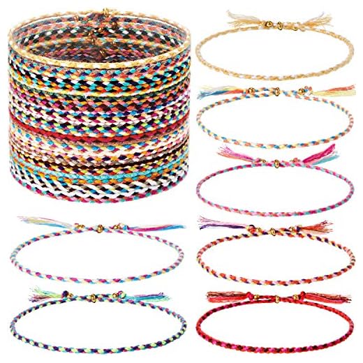 Hicarer 28 Pieces Woven Wrap Friendship Bracelets Handmade Boho Braided Friendship Anklets Adjustable Colorful Beaded String Bracelet