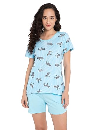 Clovia Women's Cotton Printed Giraffe Print Top & Chic Basic Shorts Set