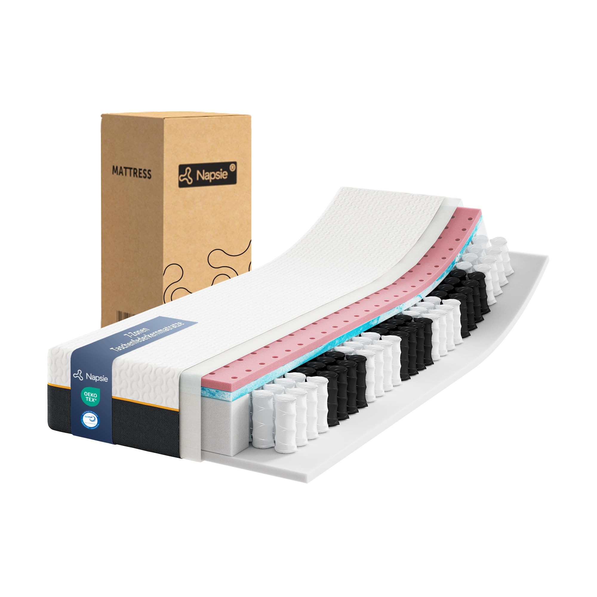 Taschenfederkernmatratze 180x200 cm 7-Zonen ergonomisch Matratze,Härtegrad H3,Mittelfest, 25 cm Höhe,Memoryschaum atmungsaktiv, Waschbarer Bezug,Oeko-TEX Standard 100 Zertifiziert