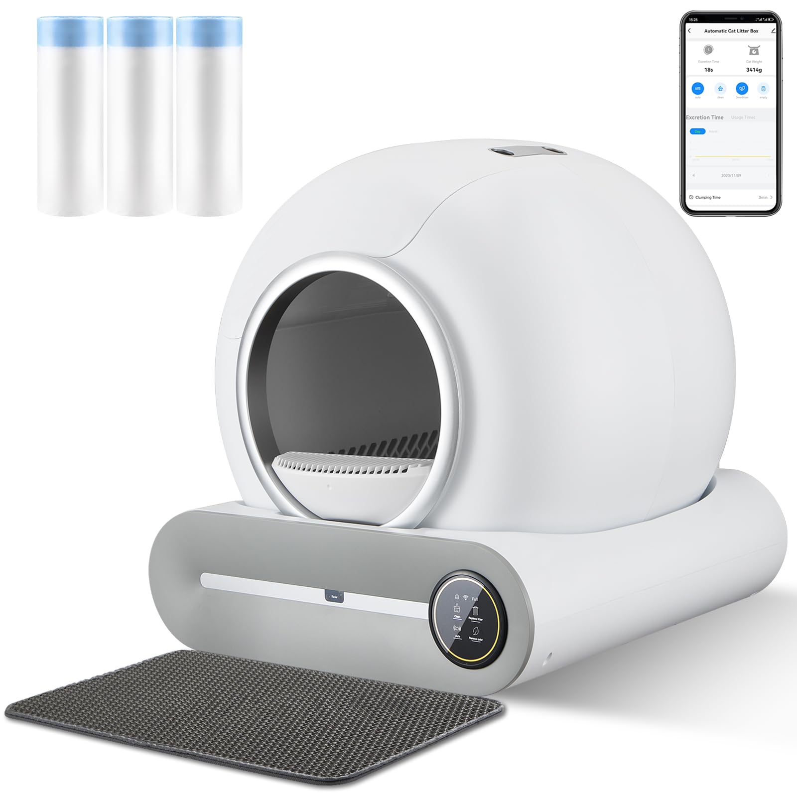 Self Cleaning Cat Litter Box with Mat & Baffle Plate, 65L+9L Large Capacity, Smart Automatic Cat Litter Box for Multiple Cats, APP Control/Low Noise/Integrated Safety.