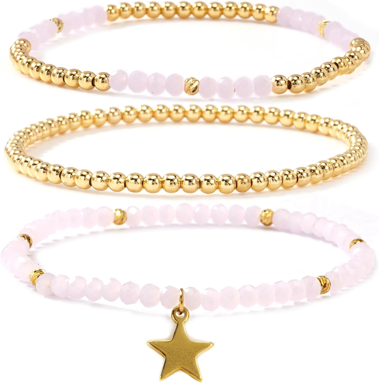 Gold Beaded Bracelets Stack for Women Boho Dainty 14K Gold Plated Beads Ball Star Colorful Crystal Bracelet Stackable Stretch Trendy Jewelry Birthday Prom Friendship Gifts for Women