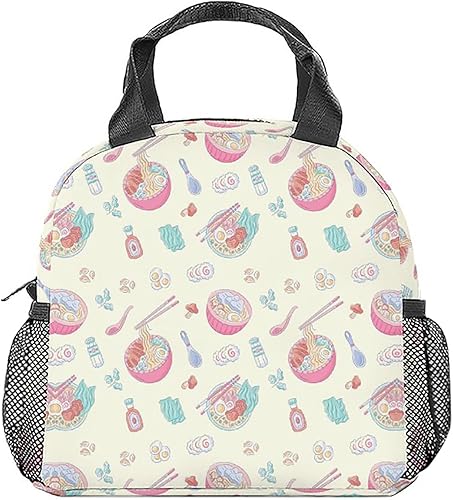Miniatura 8 de Lonchera Ramen para niños y adolescentes, lonchera aislada para niñas y niños, bonita lonchera negra con bolsillos, bolsa de almuerzo reutilizable