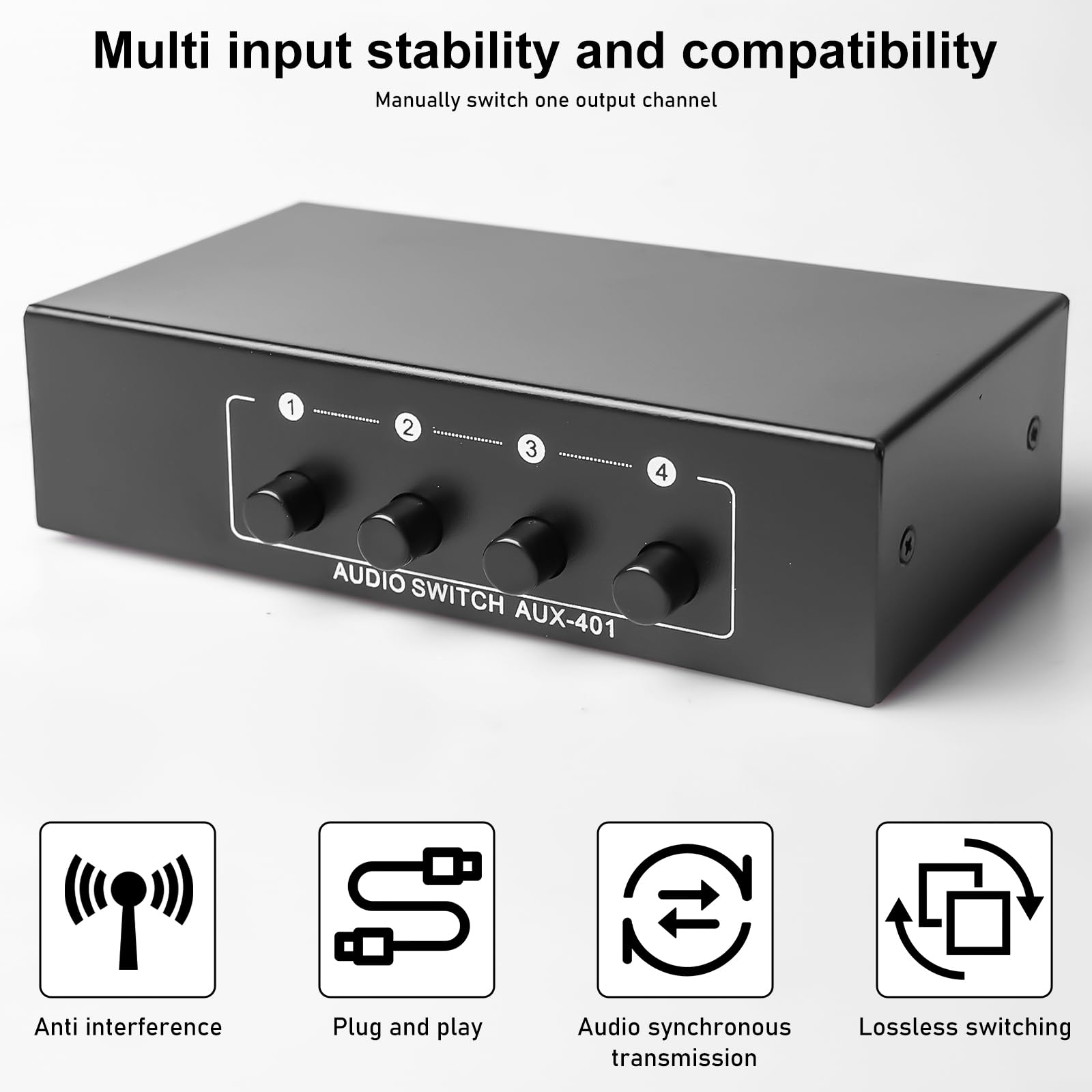 Aicharynic Interruttore Audio 4 in 1 out, Commutatore Audio 3,5 Mm Aux + RCA L/R, Interruttore Audio Bidirezionale, Scatola di Selezione Audio, Splitter Audio Video per Cuffie