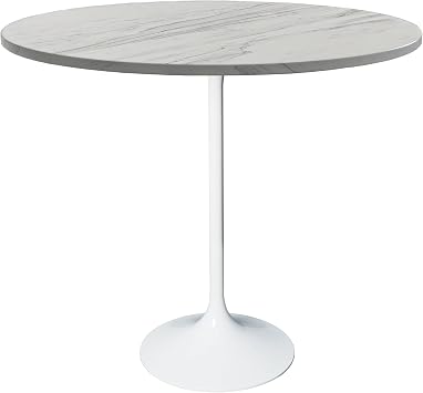 LeisureMod 48 Inch Round Bar Height Dining Table with Resin Top and White Stainless Steel Pedestal Base for Modern Kitchen Verve Collection in White Marbleized