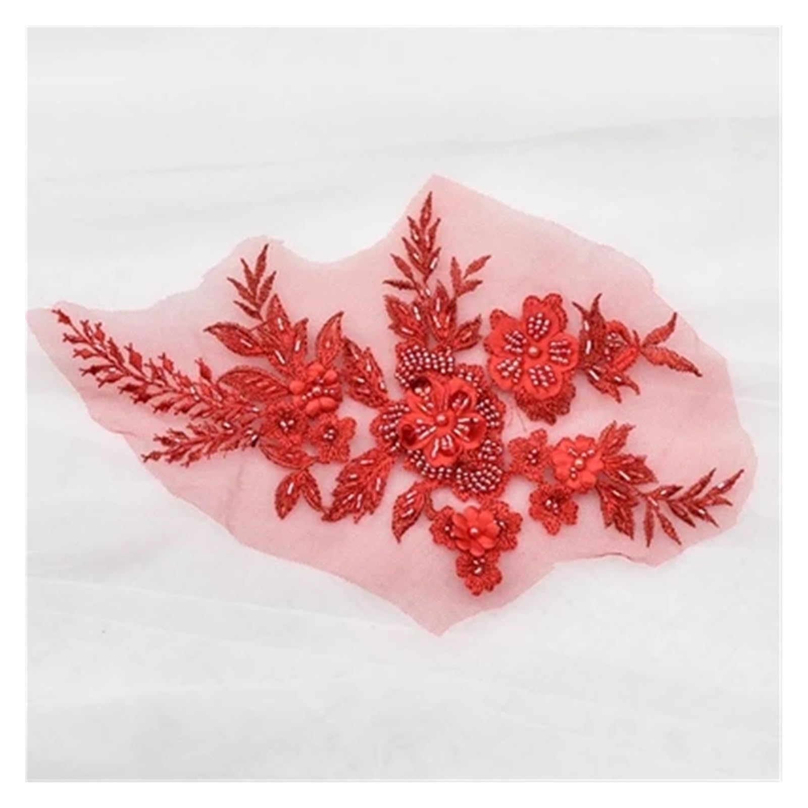 Applique en dentelle 3D haute couture rouge brodée de perles pour robe de mariée DIY