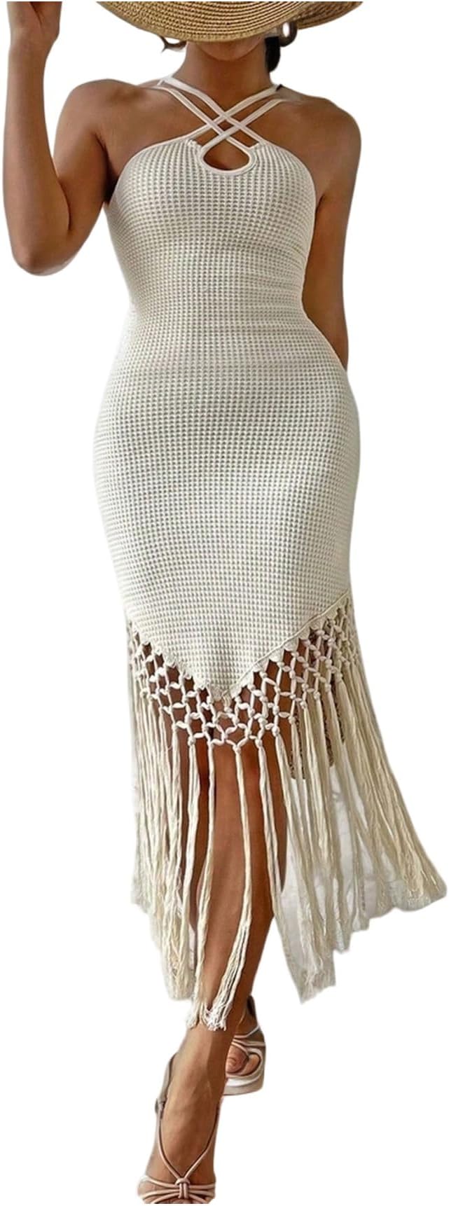 Women's Criss Cross Halter Dress Backless Fringe Bodycon Beach Dresses