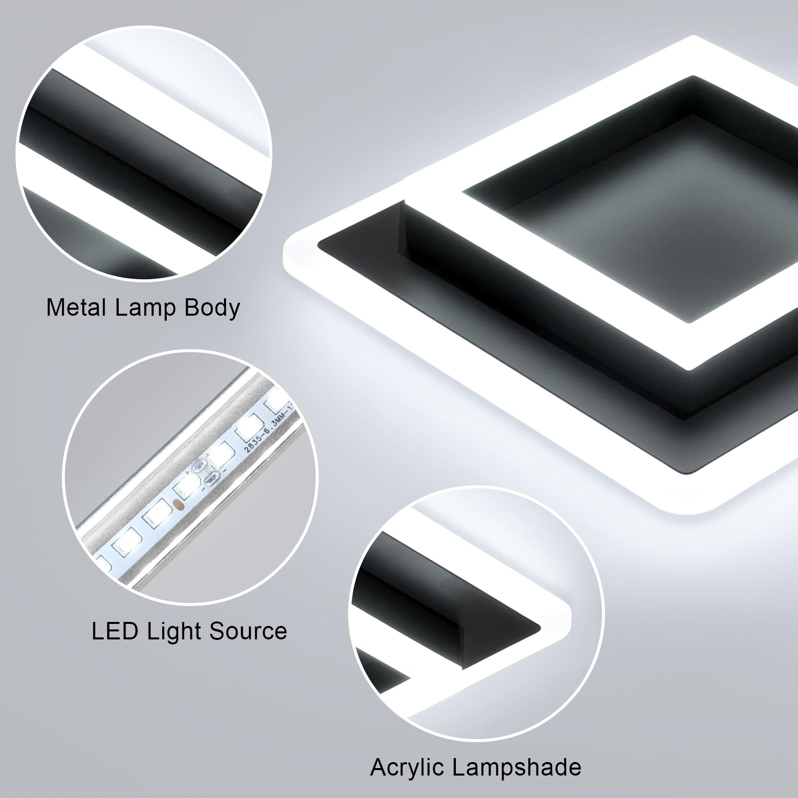 DELIPOP Plafoniera LED Soffitto Quadrata, 30W 3600LM Lampada da Soffitto Moderna Acrilico, Nero Lampadario a LED da Soffitto per Bagno Cucina Camera da Letto Sala Corridoio, Bianco Freddo 6500K