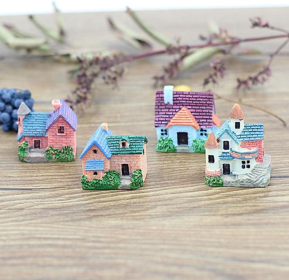 GANAZONO Mini Resin House Figurines 4-Pack Tiny Village Ornaments for Fairy Garden Desktop Micro Landscape Decoration