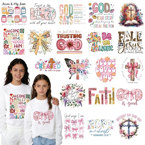 Dazoratix Christian Iron on Transfers - 20 Sheets Religious Cross DTF Ready to Press Heat Patches Bible Verse Faith Jesus Vinyl Stickers Decals for T Shirts Clothes Pillow Bags DIY Crafts Decorations