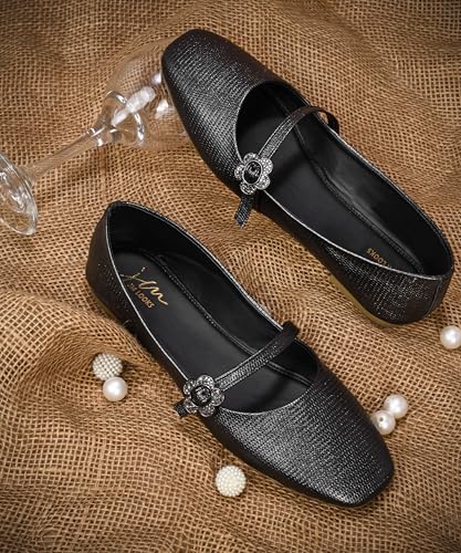 Image of JM LOOKS Elegant Textured Metallic Mary Jane Flats with Floral Buckle Detail and Comfortable Low Profile Sole
