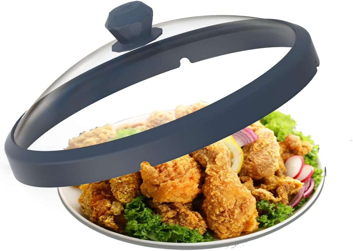 Microwave Glass Cover Splatter Guard Lid with Anti-scald Silicone Handles and Vented Edge for Food Pot Plate Cover 10.5 inch Blue