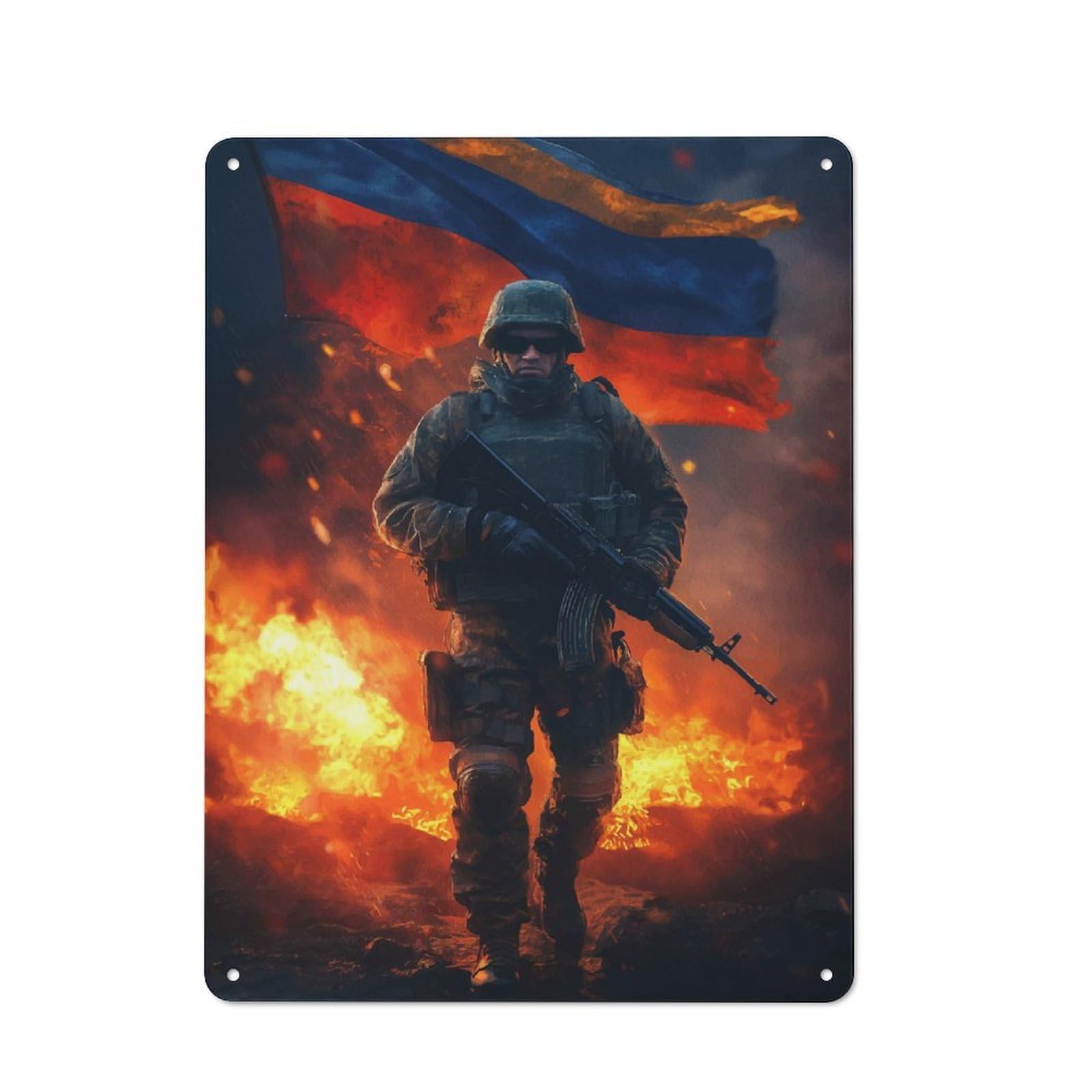 Tin Wall Plaque 40x30cm with Soldier with Ukrainian Flag for Workshop Wall, Housewarming Wall Decor for People Furnishing Workshop
