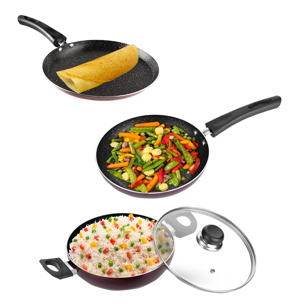 Vinod Supreme Aluminium Non Stick Cookware Set of 3 | 2.5 Litre kadhai with Glass Lid, 22cm Frypan and 28cm Dosa Tawa | 5 Layer Coating | Induction Base – 2 Year Warranty