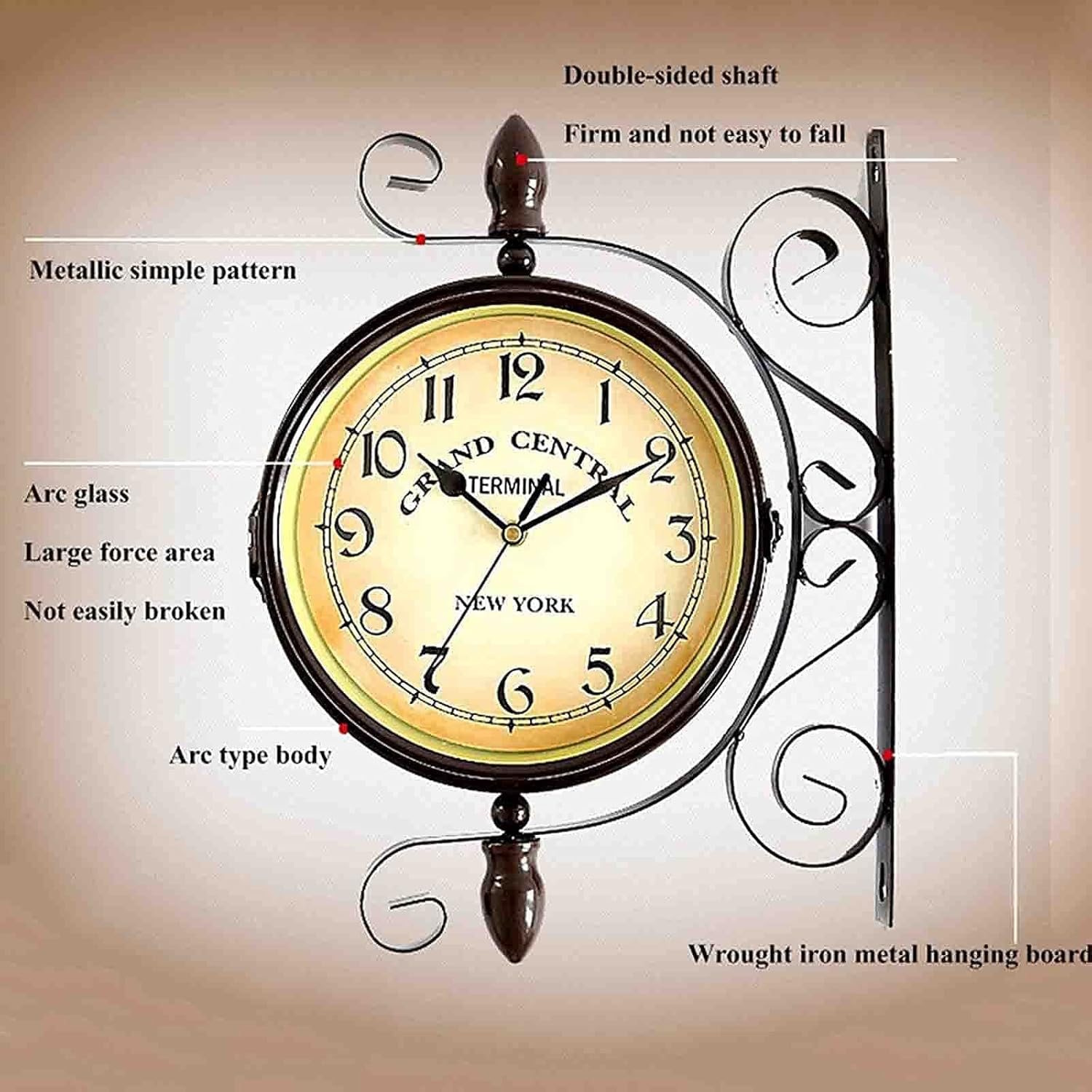 Outdoor Garden Wall Clock, Classical 360°Rotation Double Sided Train Station Clock with Station Bracket Garden Clock Indoor Outdoor Decoration