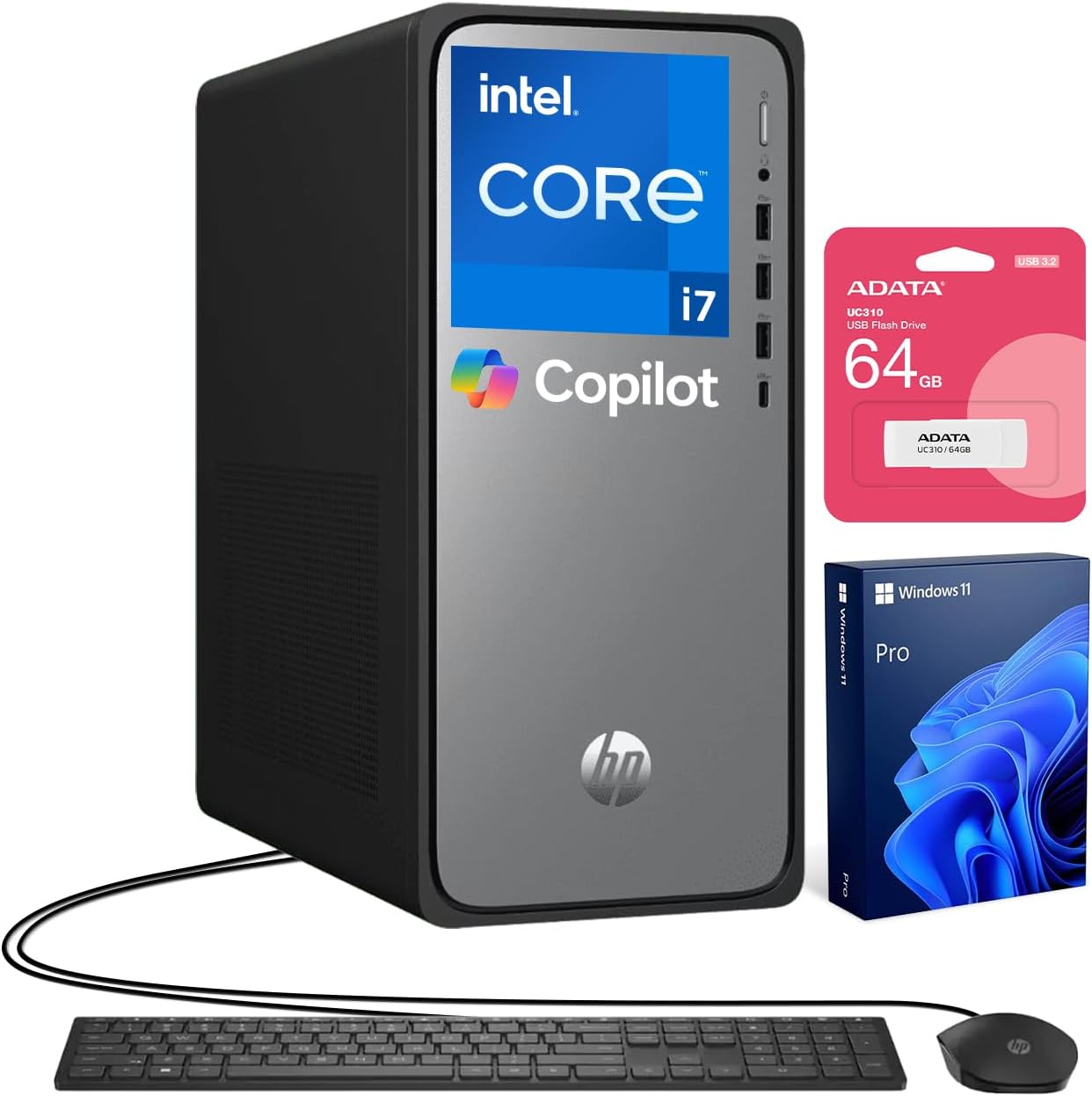 HP OmniDesk M02 Business Tower Desktop with Copilot, Intel Core i7-14700, 32GB DDR5 RAM, 1TB SSD, Wired Keyboard and Mouse, Wi-Fi 6, Bluetooth, Windows 11 Pro, Bundle with ADATA 64GB USB Flash Drive