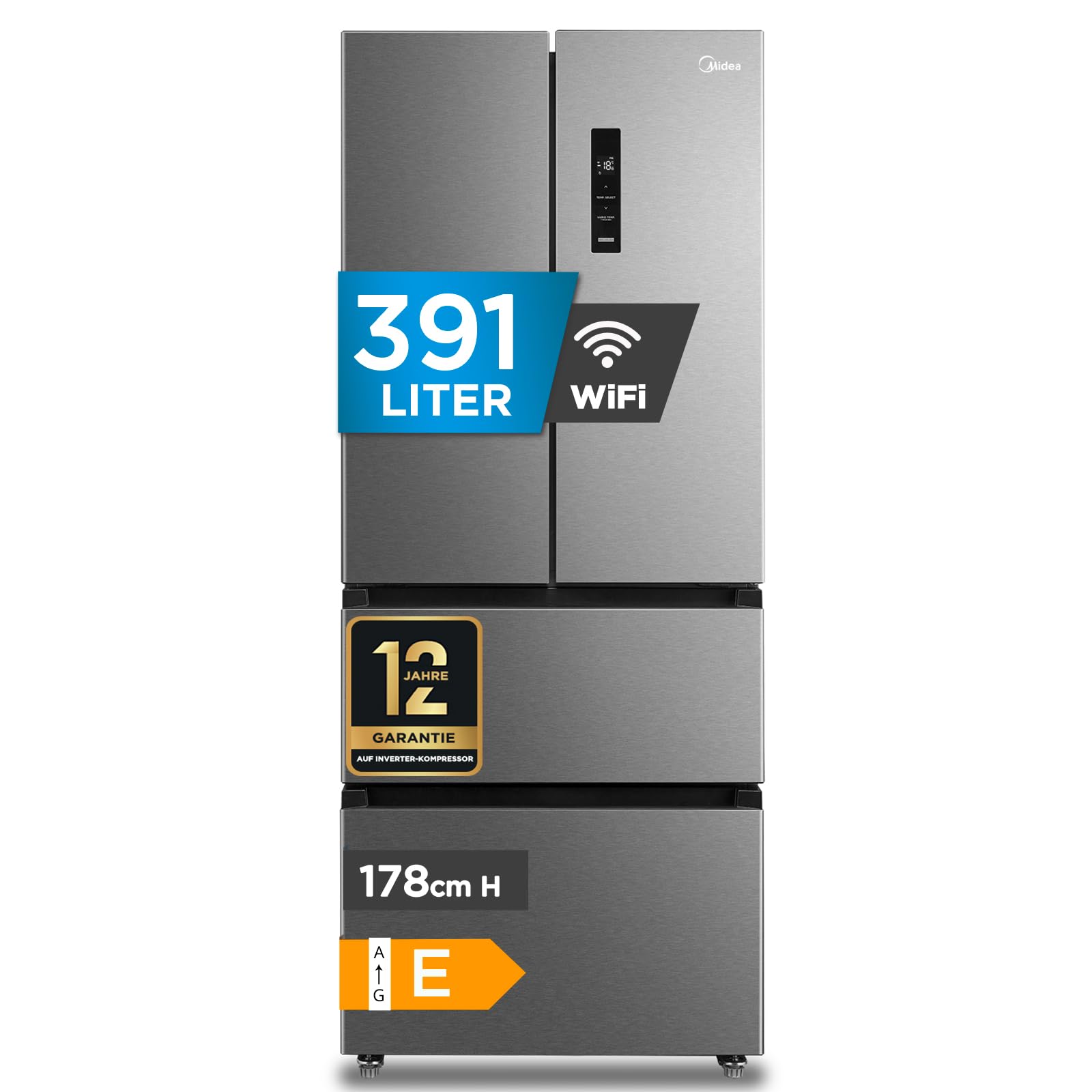 Midea French Door Kühl-Gefrierkombination/391 Liter NoFrost/Smart WiFi, Inverter & VarioBox/Energiesparend& Extrem Leise/Für Große Familien MERF402FIE02