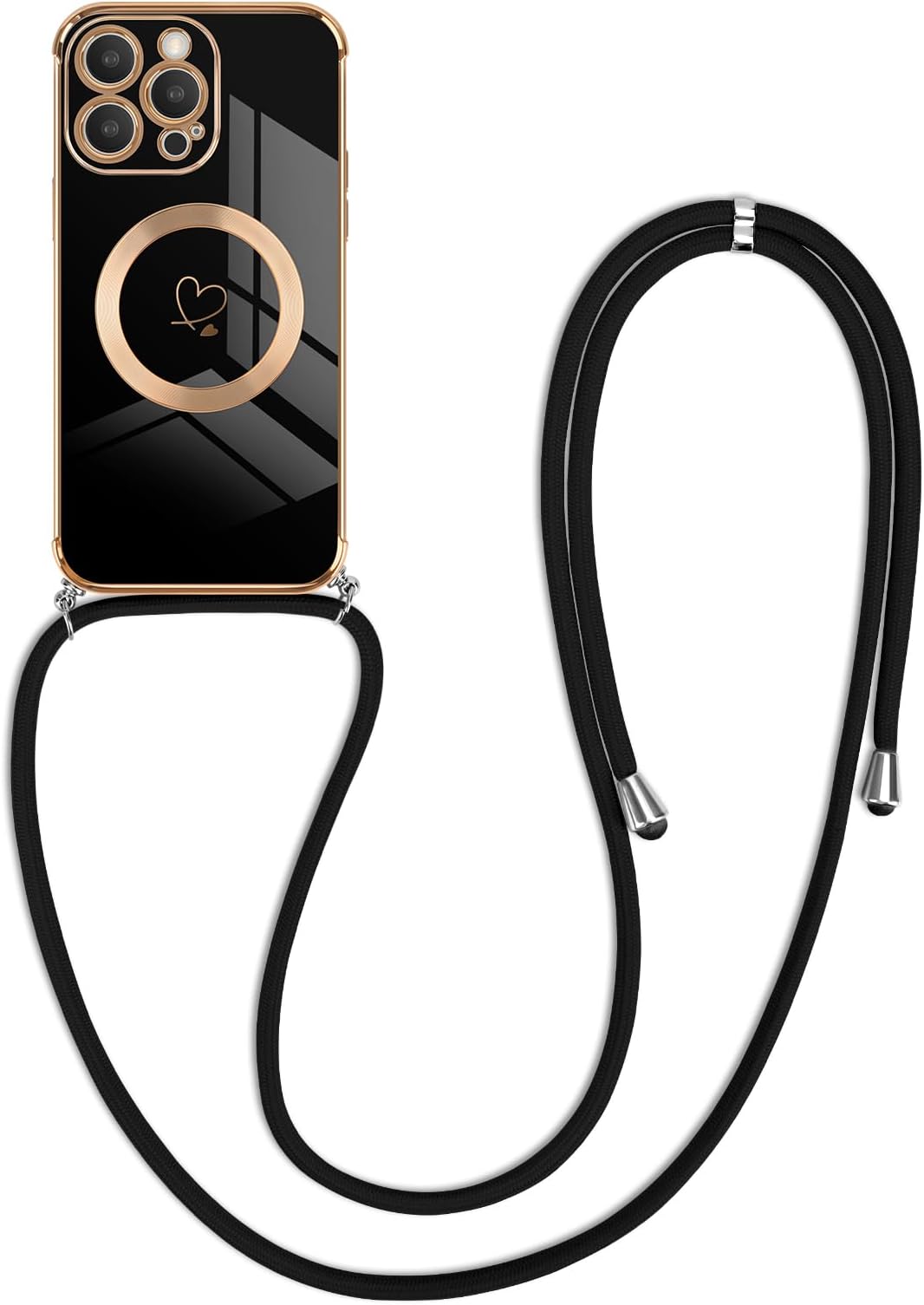Newseego Crossbody Lanyard Case for iPhone 14 Pro Max [Compatible for MagSafe], Cute Heart Flexible Silicone Protective Phone Case with Adjustable Strap Necklace Bumper Cover iPhone 14 Pro Max-Black