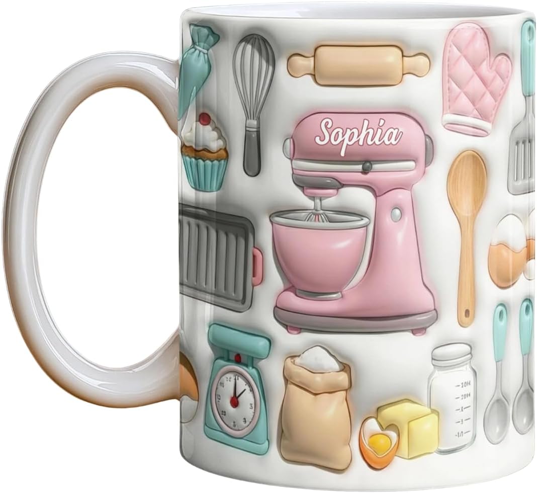 Sophia Baking Essentials Design, Personalized Custom Coffee Mug, Gift For Bakers And Chefs, Love Baking - Personalized Baking Accent Mug, 3D Effect Baking Mixer and Kitchen Tools, Gift for Mom Grandma
