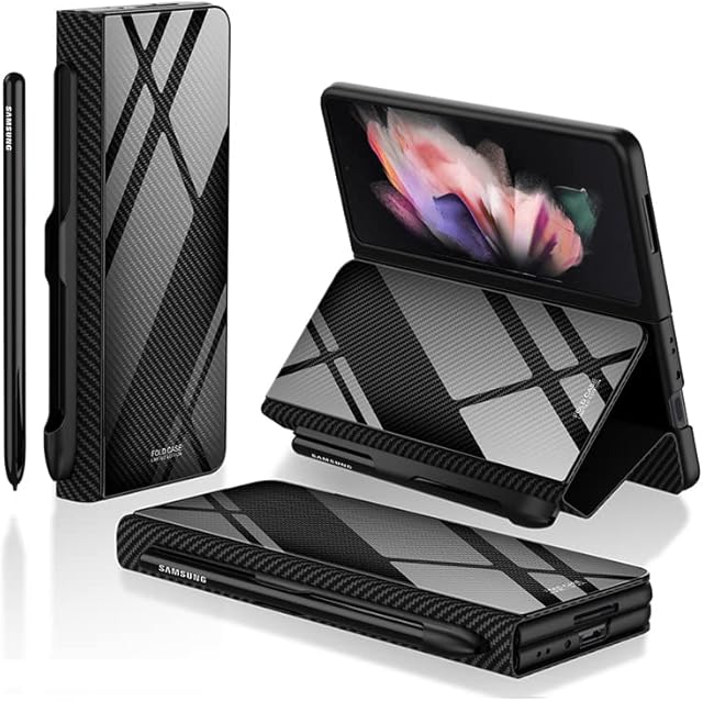 KumWum Z Fold 4 Case, Leather Case for Samsung Galaxy Z Fold 4 Full Body Cover Hinge Protection with S Pen Holder & Flip Kickstand for Galaxy Z Fold 4 5G - Carbon Fiber