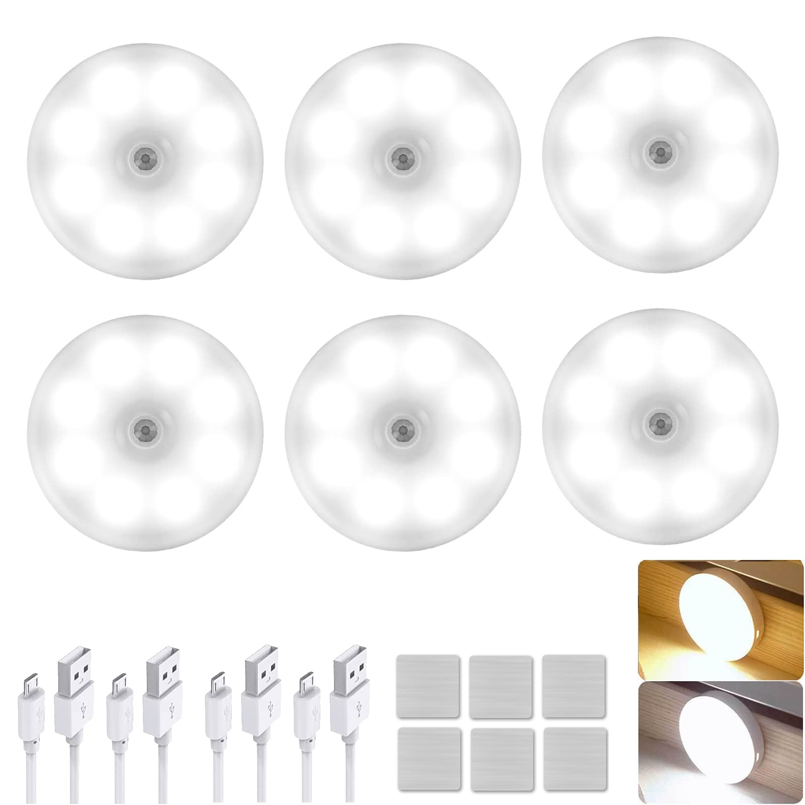 Ecyuaniu 6 Pcs LED Motion Sensor Cabinet Light Indoor Wireless, 2 ...