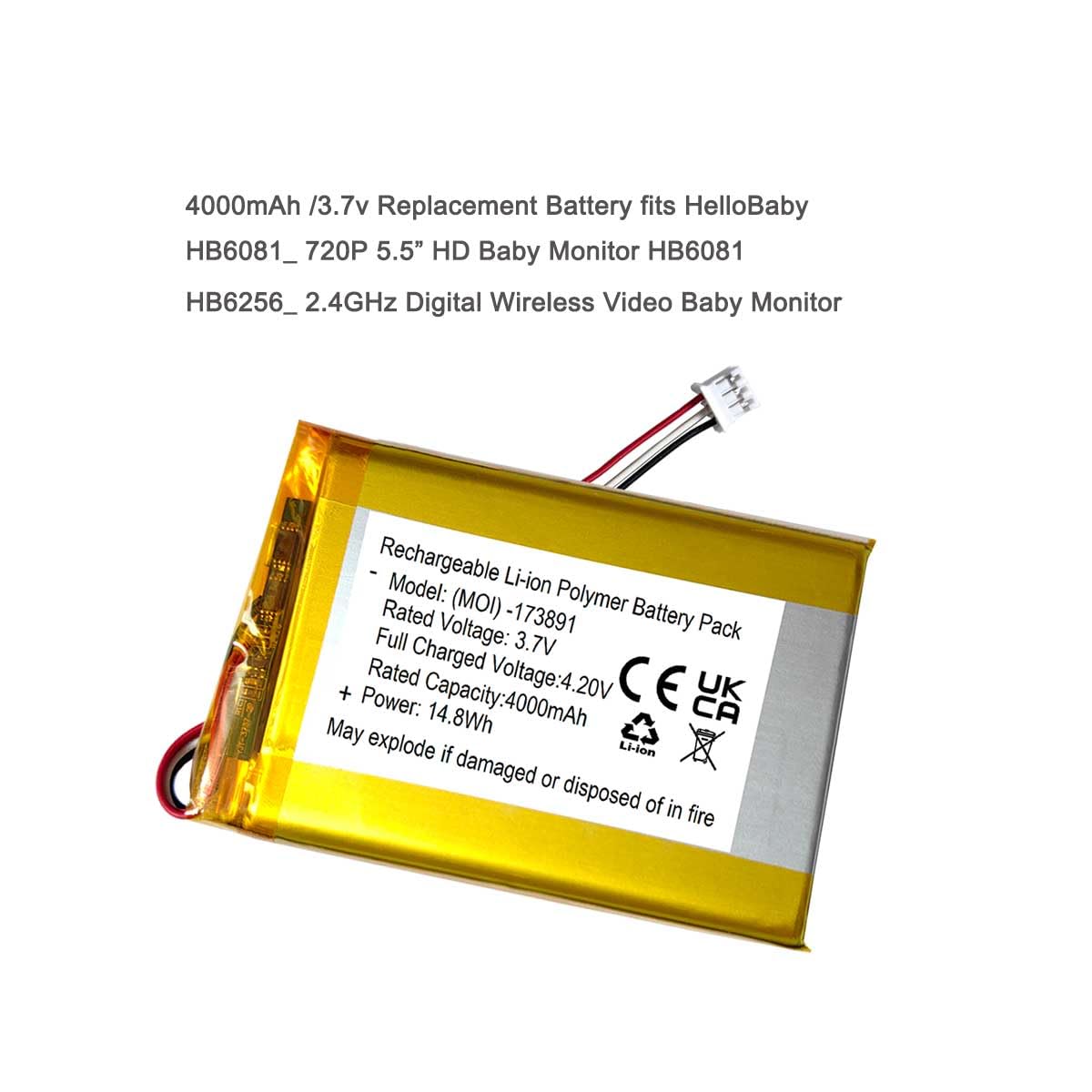 XINLANTECH 4000mAh 3.7v Battery Replacement for HelloBaby HB6081 720P 5.5'' HD Screen /HB6550/ HB6560 / HB6250 Plus 6”IPS Screen Video Baby Monitor