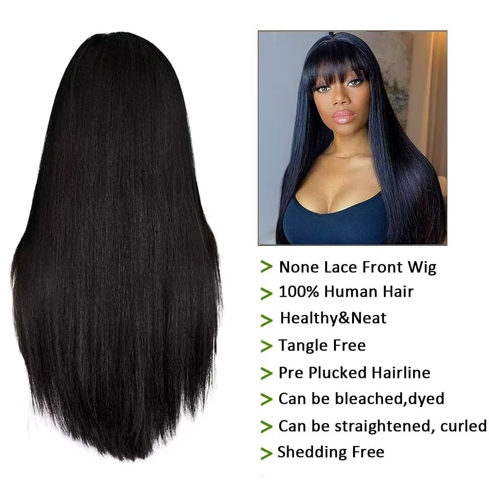 CLAROLAIR 22 Inch Straight Human Hair Wigs with Bangs None Lace Front Wigs Human Hair 150% Density Glueless Machine Made Brazilian Virgin Human Hair Wigs for Black Women Natural Color - Image 2