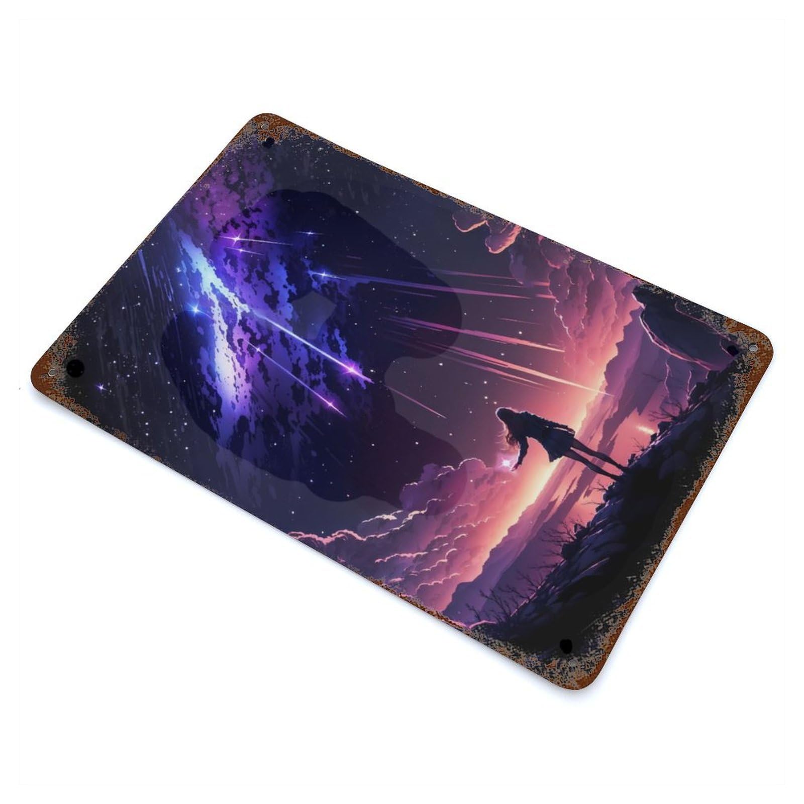 Distressed Metal Wall Sign with Twilight Galaxy Anime Girl Design 11.8"x7.9", for Office, Studio And Wall Decor, Industrial Home Decor