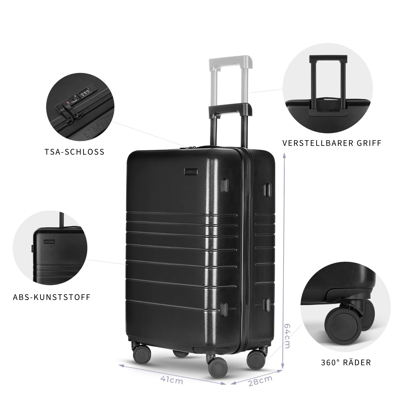 ETERNITIVE - Hartschalenkoffer Set - Klein und Mittel I Leichter Rollkoffer aus ABS I Größe: 65,5cm & 55 cm I Reisekoffer mit Rollen 360° I Handgepäck 40L & 62,5LI Trolley mit TSA-Schloss I Schwarz