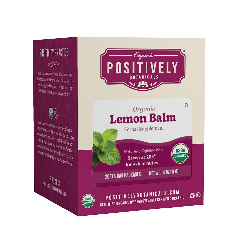 Organic Positively Botanicals Company, Lemon Balm Herbal Tea Bags, 20 Count