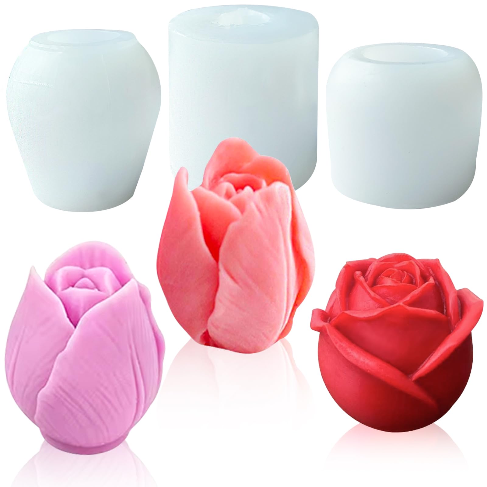 Tulpen siliconenvorm - 3 stuks 3D-tulpenvorm bloem siliconenvorm, kaarsen siliconenvormen tulpen, handgemaakte zeep, vormen voor het maken van kaarsen, DIY-kunstnijverheid, fondant-cakedecoratie